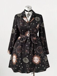 Sweetra 大码女式深色垃圾摇滚太阳脸印花翻领长袖休闲连衣裙 - 彩色 - 查看 5