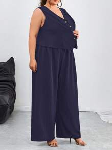 SHEIN CURVE+ Bộ vest + quần dài/áo phông họa tiết cho kỳ nghỉ thường ngày cỡ lớn, mùa tốt nghiệp, trở lại trường - Màu xanh hải quân - Xem 4
