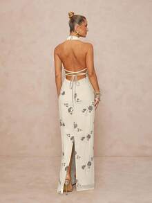 Lumalex 女式亮片刺绣立领腰部修身露背系带开衩连衣裙 - 杏色 - 查看 6