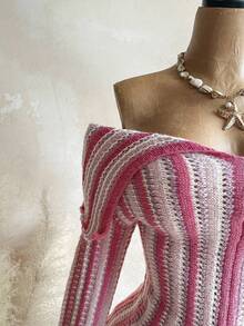 Soleia 女式条纹露肩喇叭袖开衩下摆针织毛衣 - 粉色 - 查看 5