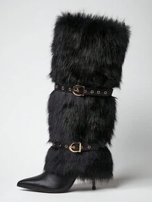SHUZIA Botas altas hasta la rodilla con tacón de aguja y punta puntiaguda, decoradas con correa con hebilla, de moda para mujeres - Negro - Ver 5