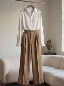 Franclia 杏色女式纽扣衬衫和裤子套装 - 咖啡棕 - 查看 3