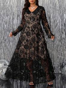 Gownix 大码优雅纯色蕾丝连衣裙 - 黑色 - 查看 5