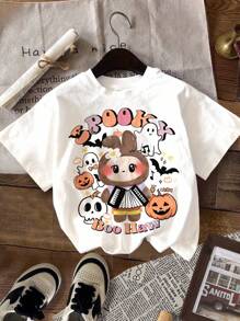 SHEIN Happikins 4pcs/Set Young Girl Cute Halloween Rabbit Bubu Bow Floral Print Kawaii Anime Style Casual Minimalist Round Neck Short Sleeve Basic T-Shirt, Suitable For Spring/Summer - Multicolor - View 3