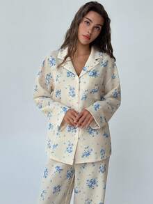 Aloruh 新款印花轻薄上衣长裤睡衣套装，舒适透气，适合夏季穿着，宽松长袖家居服，也可户外穿着，秋冬季服装。 - 藍色 - 查看 6