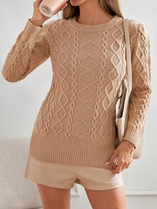 SHEIN Tall Tall Size Women Round Neck Cable Knit Sweater For Autumn And Winter - Apricot - View 4