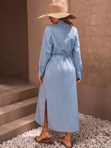 EURMUSE Casual Style Effortless, Linen Look Button Through And Drawstring Belt Detailed Maxi Shirt Dress - Blue - View 2