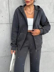 EURMUSE DARK GREY OVERSIZE SWEATSHIRT AND SWEATPANT WITH RHINESTONE DETAIL - Dark Grey - View 4