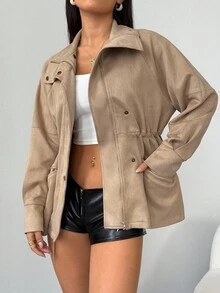 SHEIN PETITE Women's Solid Color Waist Cinched Faux Suede Jacket, Suitable For Commuting In Fall/Winter - Khaki - View 11