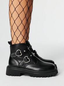 ROMWE 女士哥特朋克金属铆钉心形搭扣魔术贴厚底高跟5厘米时尚休闲踝靴，PU皮革，学院风 - 黑色 - 查看 4