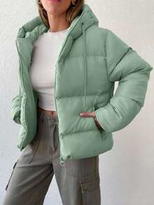 EURMUSE Zippered Hooded Padded Coat With Drawstring Details - Green - View 3