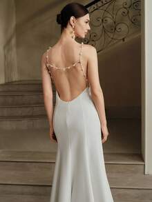 Anewsta 性感细肩带珍珠链露背美人鱼下摆连衣裙，海滩度假风格 - 白色 - 查看 3