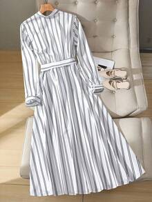 Franclia Elegant Striped Bowknot Collar Long Sleeve Waist Cinched Dress - White - View 2