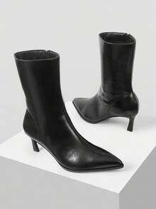 Mnmlis 全新尖头侧拉链时尚百搭细跟女式踝靴 - 黑色 - 查看 5