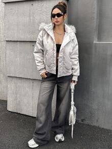 SHEIN ICON Áo khoác lông cừu chắp vá bằng vải satin phong cách cổ điển dành cho nữ, Thu/Đông - Màu Xám nhạt - Xem 9