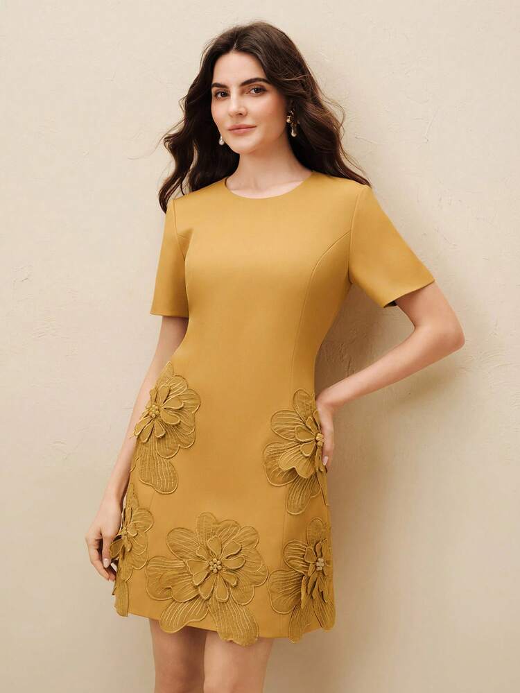 Elegant 3D Applique Short Sleeve Waist Cinching Stylish Casual Dress For Women, New Autumn