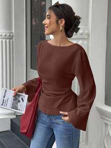 Selianne Women's Solid Color Tie Waist Flare Sleeve Shirt, Suitable For Spring And Autumn Fall Cloth For Women - Brown - View 3