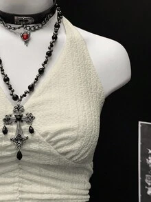EgrlEra Áo hai dây xếp ly cổ chữ V gợi cảm, dây mảnh, ngắn, buộc dây dành cho nữ - Màu be - Xem 3