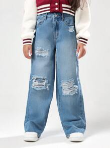 SUMWON Wide Leg Distressed Denim Pants Ripped Frayed Hems Loose Fit Y2K Fashion Street Style Festival Casual Everyday Wear Autumn Spring