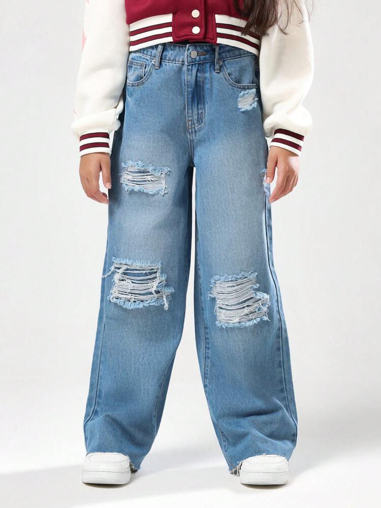 Wide Leg Distressed Ripped Frayed Hems Loose Fit Jeans