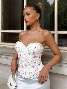 Glamine Women's Ditsy Floral Contrast Lace Camisole Top, Elegant - Red and White - View 5