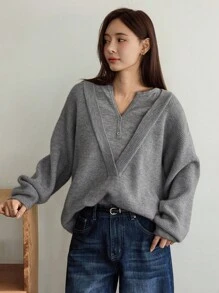 Dazy-Less Women's Loose Business Casual V-Neck Patchwork Pullover Sweater, Suitable For Commuting And Office Wear, Autumn/Winter - Grey - View 8