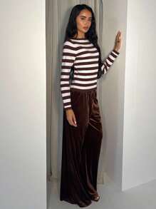 Glamine Suéter elegante de mujer con rayas y contraste de color, adecuado para usar como capa base u prenda exterior, Parte superior a rayas marrón de otoño/invierno para uso casual de mujer, Camisa a rayas marrón y blanca de moda de otoño