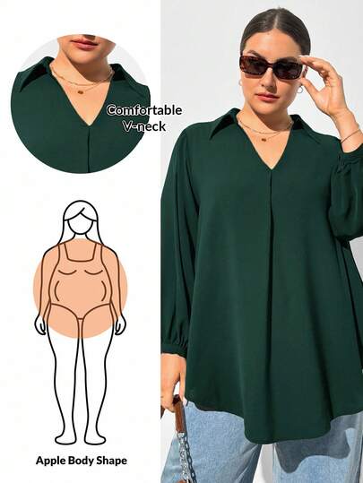 Shapeblank Plus Size Women's Dark Green Autumn Elegant Everyday Casual Loose V-Neck Long-Sleeved Shirt,Old Money Business Formal Office Work Blouse,Fall Tops