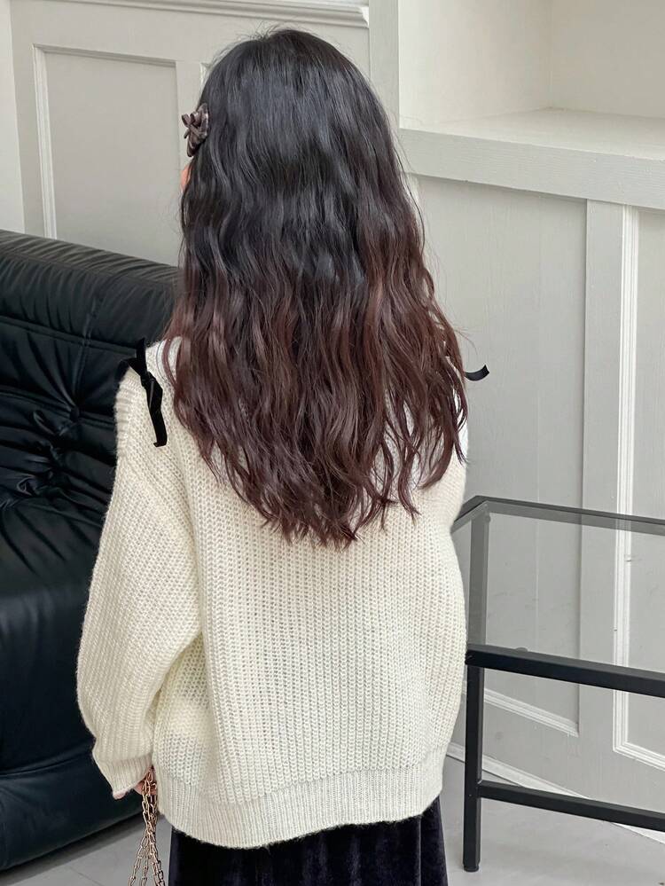 Young Girls Open Shoulder Bow Knit Sweater, Fresh Korean Style, Long Sleeve Fall,Winter
