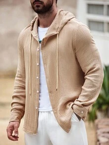 Manfinity Homme Men's Hooded Long Sleeve Shacket, For Fall - Camel - View 1