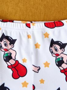 Astro Boy X SHEIN 2 pièces Ensemble de pyjama décontracté confortable avec Top à manches longues col ras-du-cou avec motif de personnage de dessin animé pour bébé garçon et pantalon ajusté