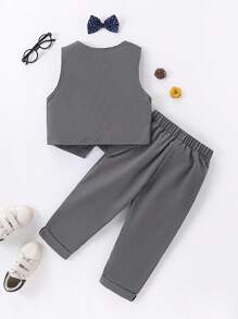 SHEIN 2 件套年轻男孩绅士正装套装，含背心、领结和裤子，适合婚礼、婚礼宾客、花童、戒童，秋冬