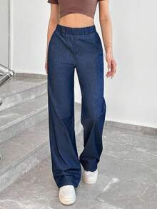 EURMUSE ELASTIC BELT DETAIL  FABRIC RELAXED JEAN WIDE LEG - Dark Wash - View 4