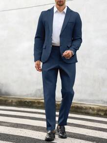 Manfinity Mode Men's Solid Color Single-Breasted Long Sleeve Suit Jacket And Pocketed Suit Pants Set - Navy Blue - View 5