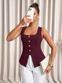 Lavishia 女士优雅通勤方领纽扣背心 - 紫紅色 - 查看 8