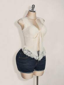 SHEIN ICON Áo ba lỗ buộc dây ren tương phản cỡ lớn cho nữ mặc hàng ngày - Màu be - Xem 7
