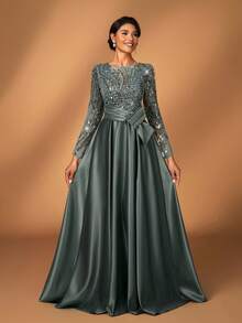 Serin Elegante y lujoso vestido de manga larga transparente con bordado de encaje floral, perlas y lazo con diamantes, con vuelo. Adecuado para boda, fiesta, vacaciones, baile de graduación, vestido de noche para novia, madre de la novia