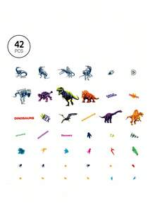 Discovery X SHEIN 42张卡通图案贴纸套装，适合学生、男士和女士，可用于笔记本、日记本、工艺品等物品。也可用于个性化滑板、笔记本电脑和行李箱。可移除背胶，易于撕除不留残胶，图案包括恐龙和霸王龙。