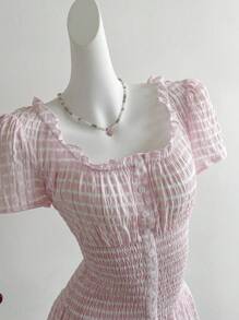 Sweetra Blusa de manga corta con efecto de cintura ceñida a rayas rosa, look dulce y juvenil para mujeres