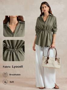 Briarwyn 女士休闲纯色抽绳长袖衬衫，适合日常穿着 - 軍綠色 - 查看 8