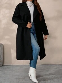 SHEIN Tall CURVE 大码女式纯色翻领长袖休闲羊毛长大衣，秋冬 - 黑色 - 查看 4