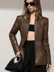 Aveloria Modichic PU Leather Stand Collar Fashionable Classic Versatile European & American Style Luxury Blazer Fall Winter Cloth For Women - Coffee Brown - View 3