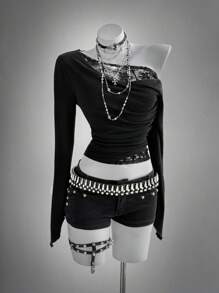 Áo phông Halloween dành cho nữ Áo phông Gothic Áo thun đen buổi hòa nhạc Rave vải thu cho nữ - màu đen - Xem 1