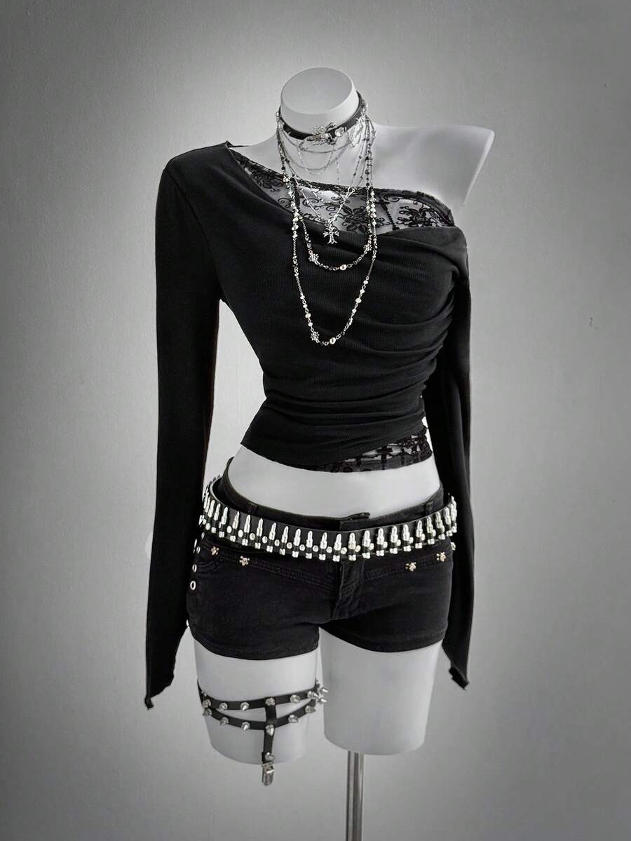 Áo phông Halloween dành cho nữ Áo phông Gothic Áo thun đen buổi hòa nhạc Rave vải thu cho nữ - màu đen - Xem 1