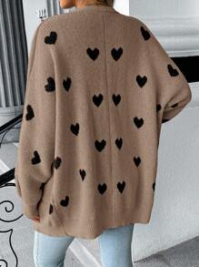 SHEIN 孕妇心形图案口袋休闲长袖开衫 - 棕色 - 查看 2