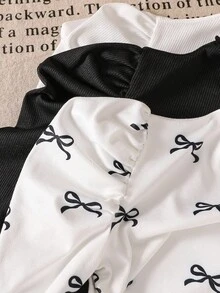 SHEIN 3pcs/Set Young Girls Puff Sleeve Long Sleeve T-Shirt,Casual Basic Stand Collar Heart Bow Print Tops For White Autumn School Back-To-School,Tween Shirt - Multicolor - View 5