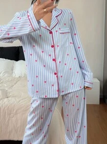 Casual Multicolor Women's Pajama Set, Blue Button Up Long Sleeve Top And Pocket Detail Heart Print Striped Pants Pajama Set, Fall Winter Clothes Cozy And Elegant Details - Multicolor - View 5