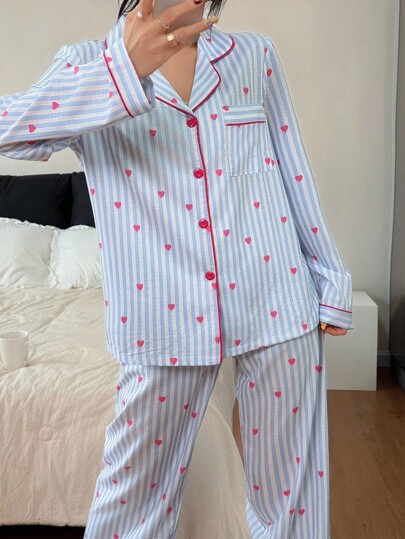 Multi Pajama Set, Blauw Button Up Long Sleeve Top Pocket Heart Print Gestreepte Pants Fall Clothes Cozy Elegante view 5