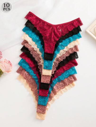 SHEIN 10pcs/Pack Women's Lace Thong Panties, Elegant & Comfortable Underwear ,Multicolor Lace Thongs