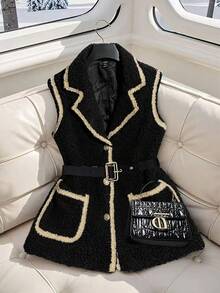 Franclia Chaqueta elegante sin mangas de solapa con ribete de cinta para mujer - Negro - Ver 6